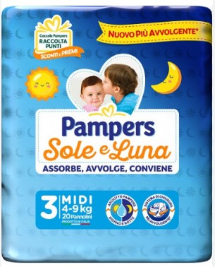 PANN.PAMPERS SOLE&LUNA N.3 PZ.20 KG.4-9 MIDI      