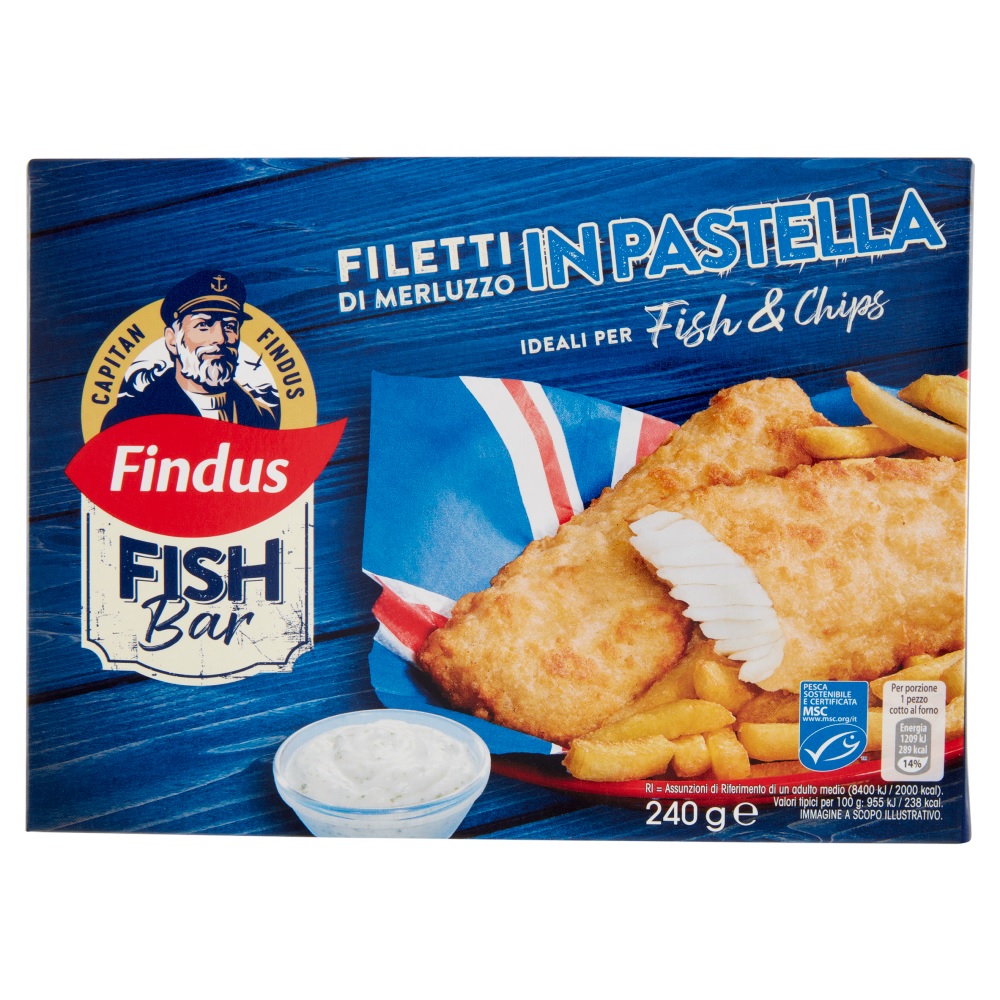 FILETTI MERLUZZO PASTELLA FISH CHIPS FINDUS G240  