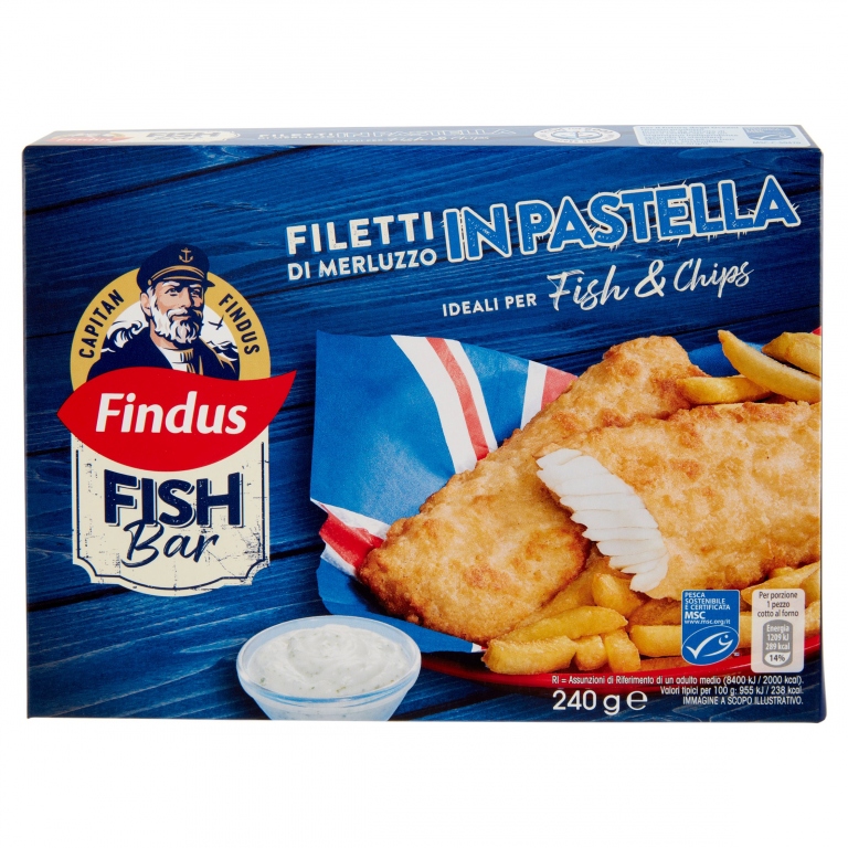 FILETTI MERLUZZO PASTELLA FISH CHIPS FINDUS G240  