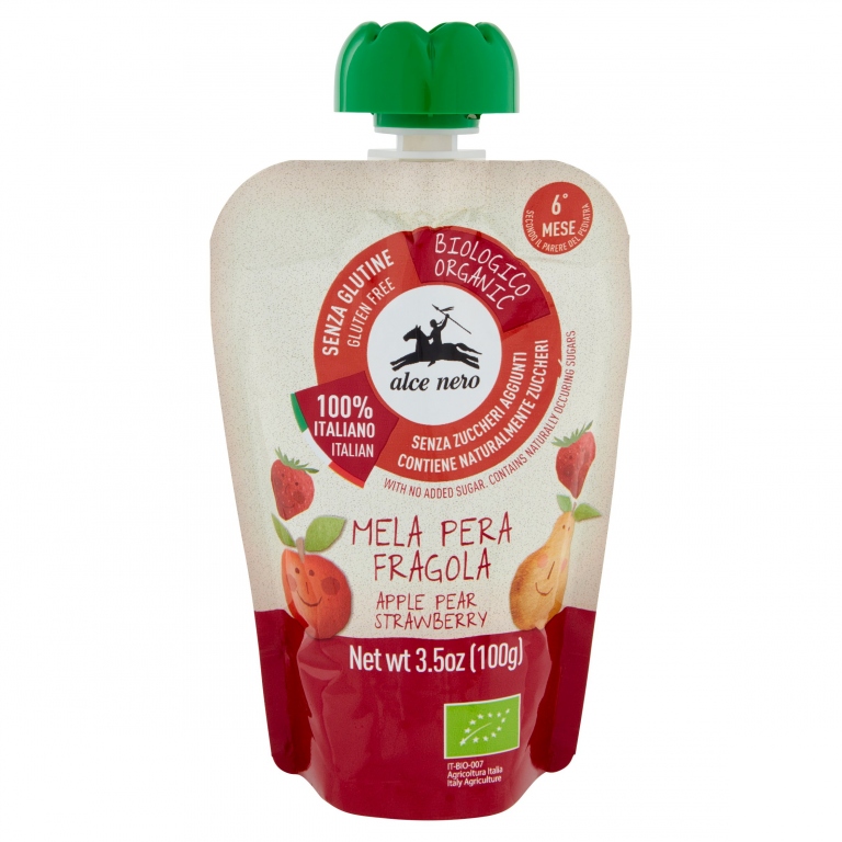 POUCH BIO PUREA ALCE NERO MELA PERA FRAGOLA GR.100