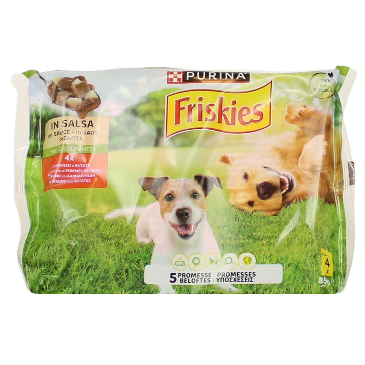 FRISKIES CANE GR.85X4 MANZO PAT.IN SALSA          